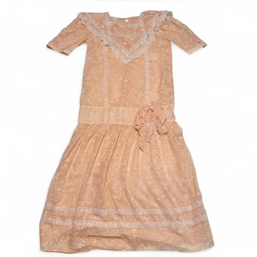 Vintage Gunne Sax Dress XS 3 Peach Sheer Lace Drop Waist Floral Cottagecore - Picture 4 of 8